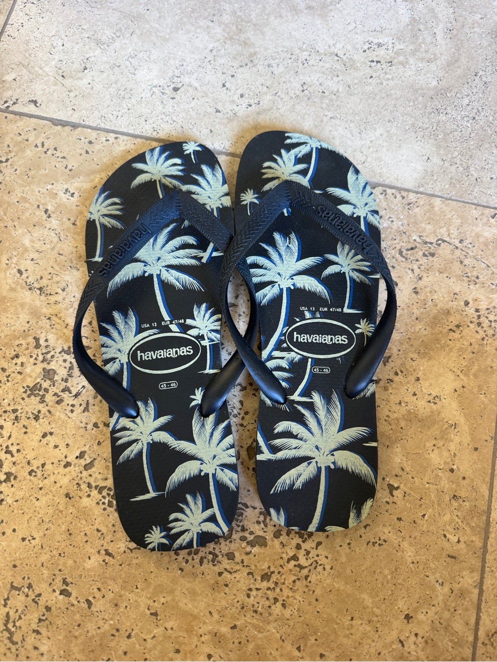 Havaianas Black Flip Flops with Light Blue Palm Print
